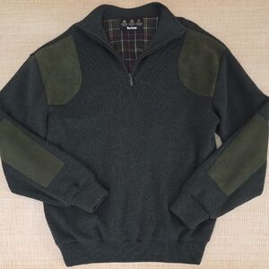 Barbour Dark Green Half-Zip Sweater with Olive Suede Elbow & Shoulder Patches
